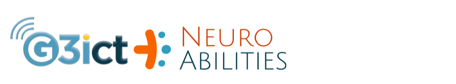 G3ict logo and a textual logo of NeuroAbilities with a design element in orange and blue, both placed side by side.